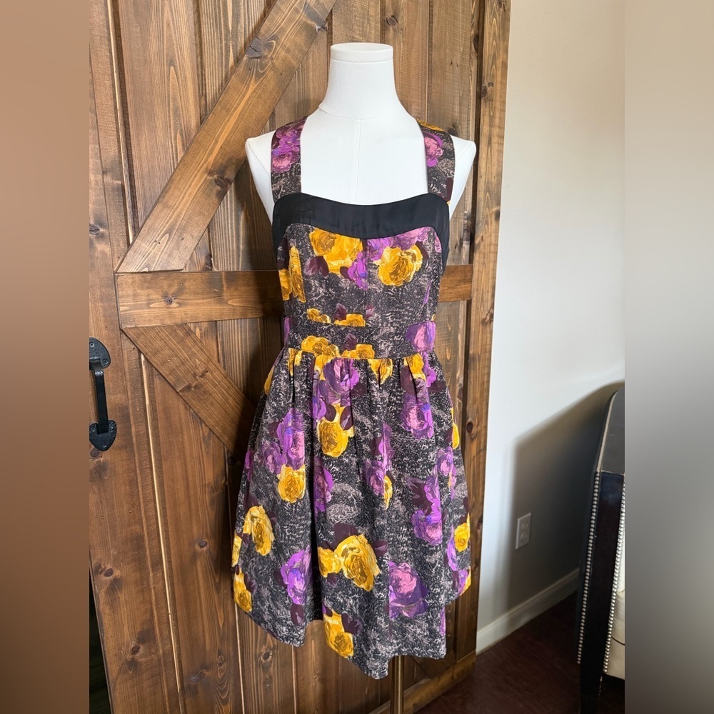 Twinkle By Wenlan Silk Blend Dress Women Sz 4 Black/Purple/Yellow Floral Mini